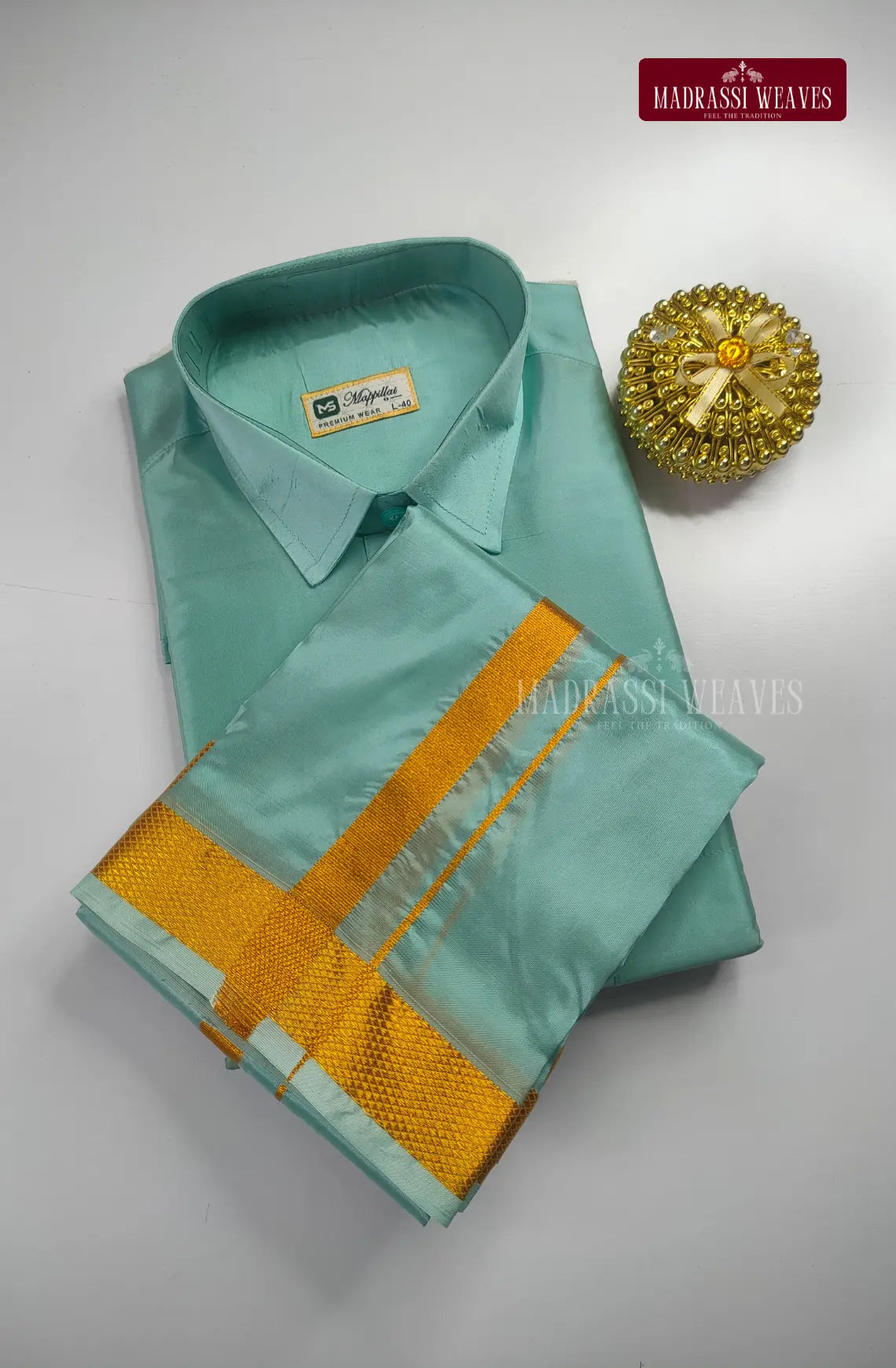 Premium Japan Silk Dhoti Set with Gold Zari - Pastel Rama