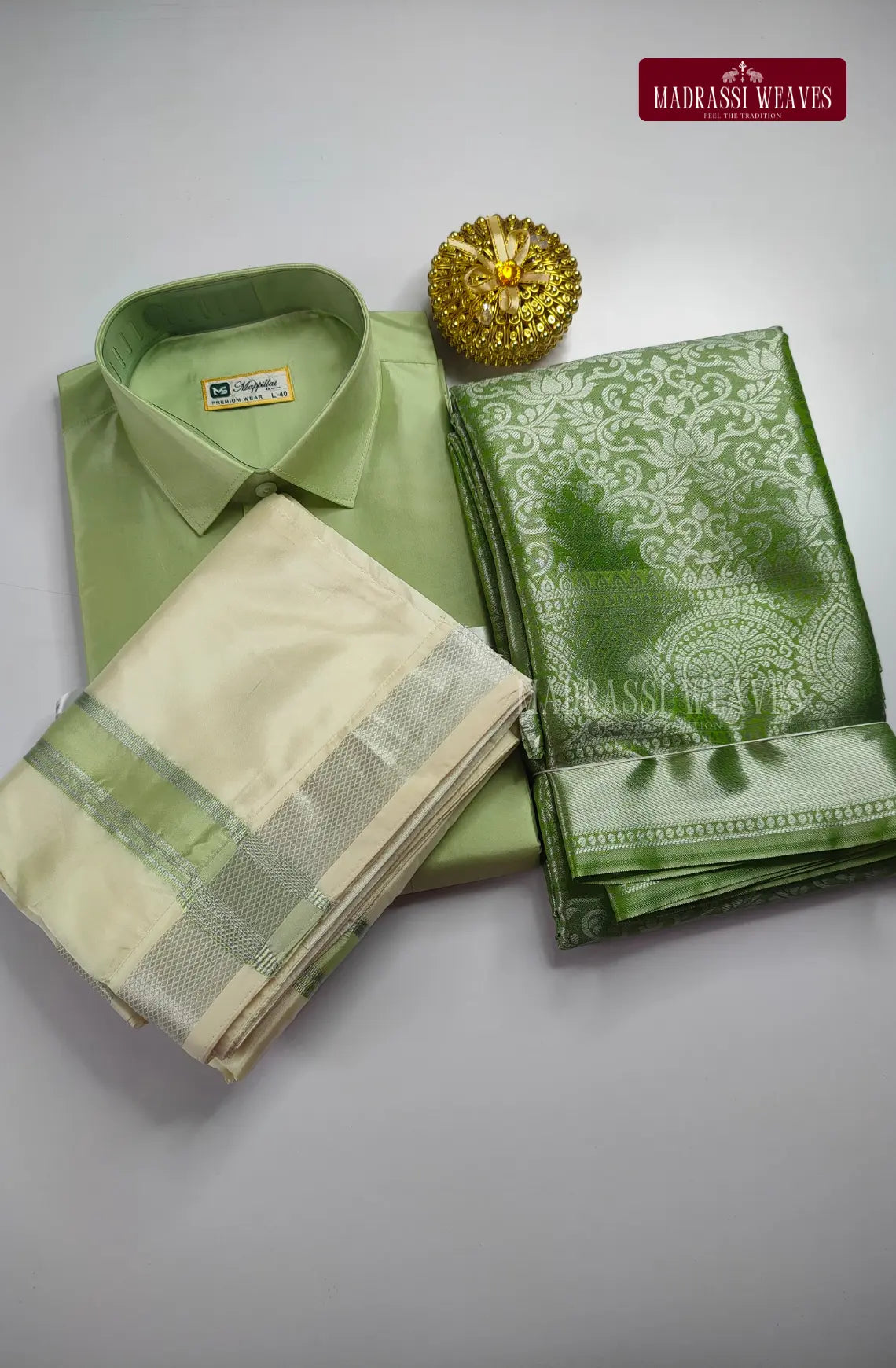 Premium Silk Couple Combo Set with Colour Zari - Marine Green Madrassi Weaves Premium Silk Couple Combo Set with Colour Zari - Marine Green Madrassi Weaves