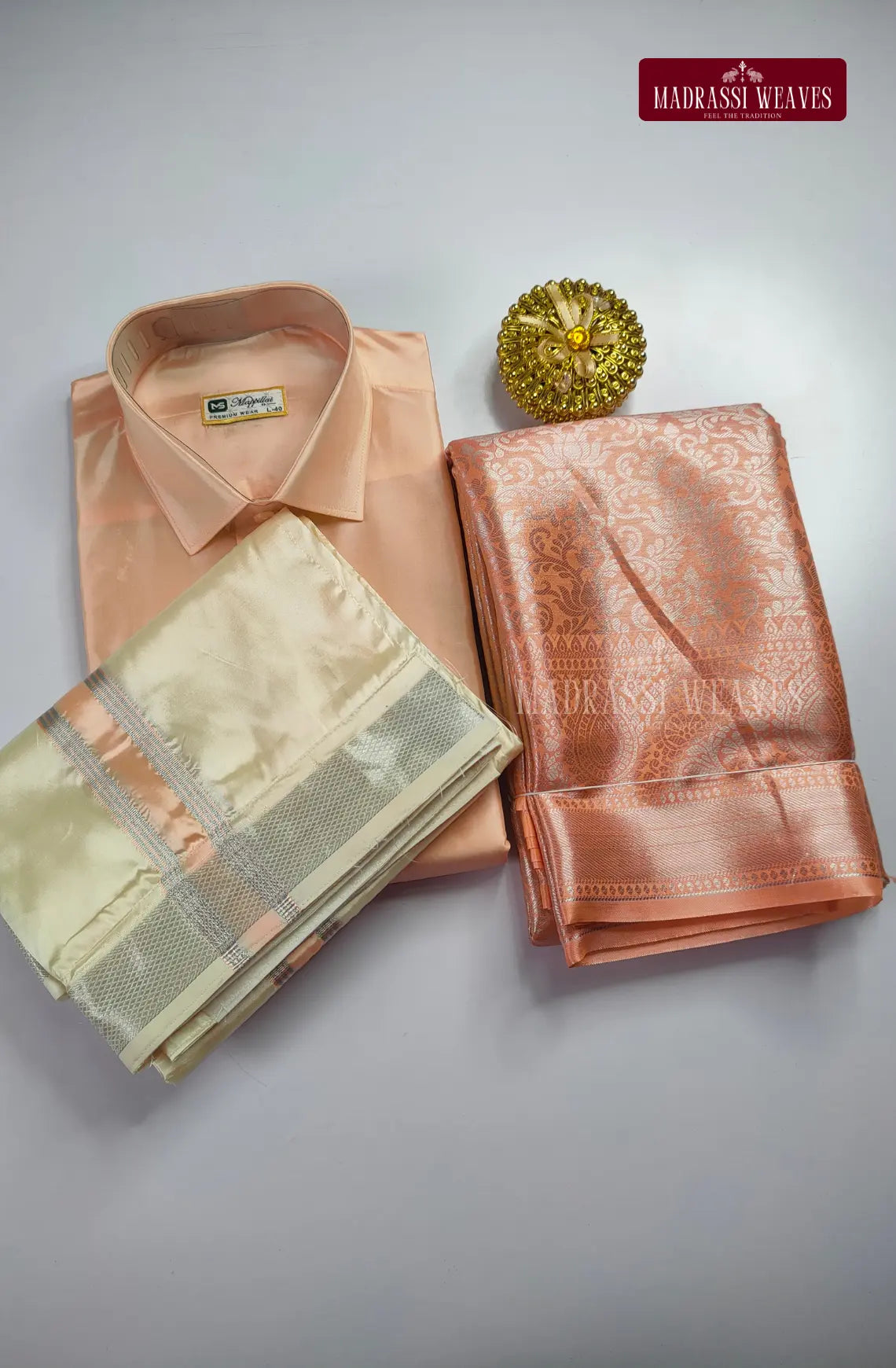 Premium Silk Couple Combo Set with Colour Zari - Peach