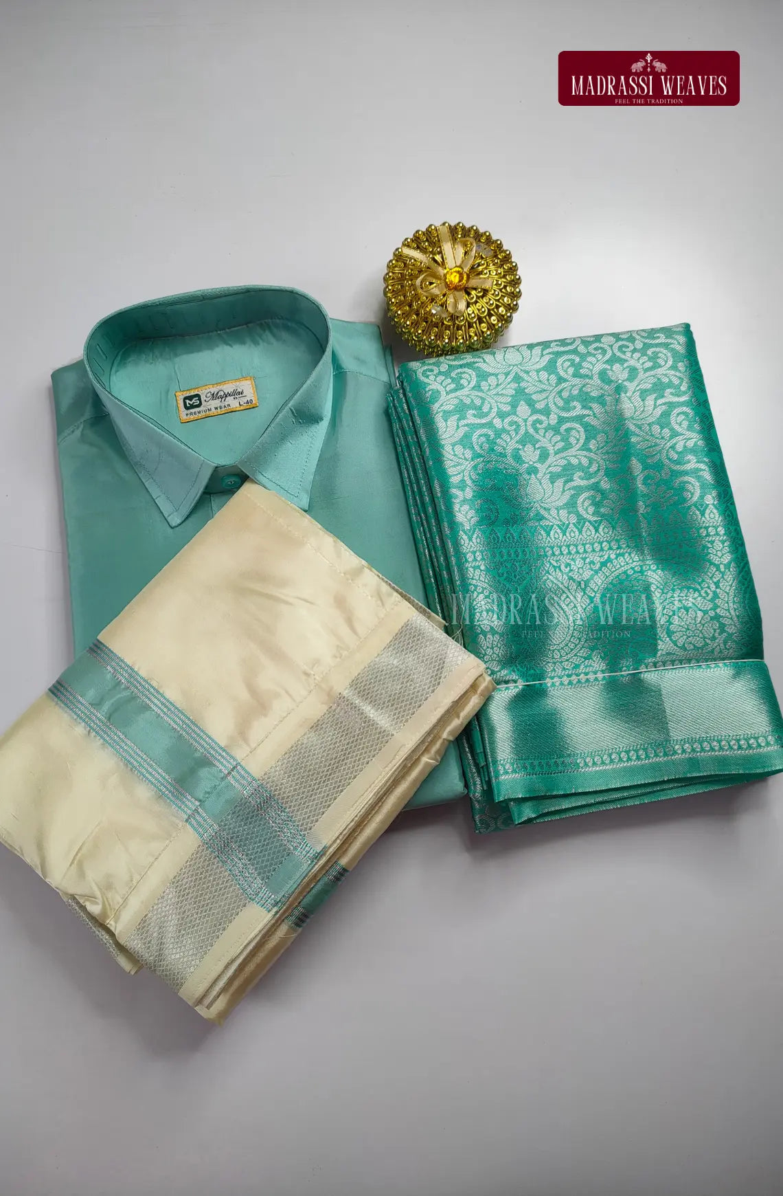 Premium Silk Couple Combo Set with Colour Zari - Rama