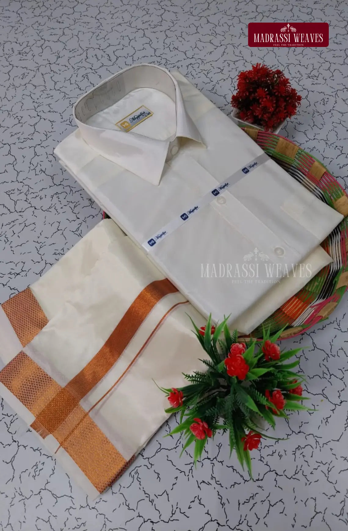 Kids Premium Silk Dhoti Set with Copper Zari - Off White