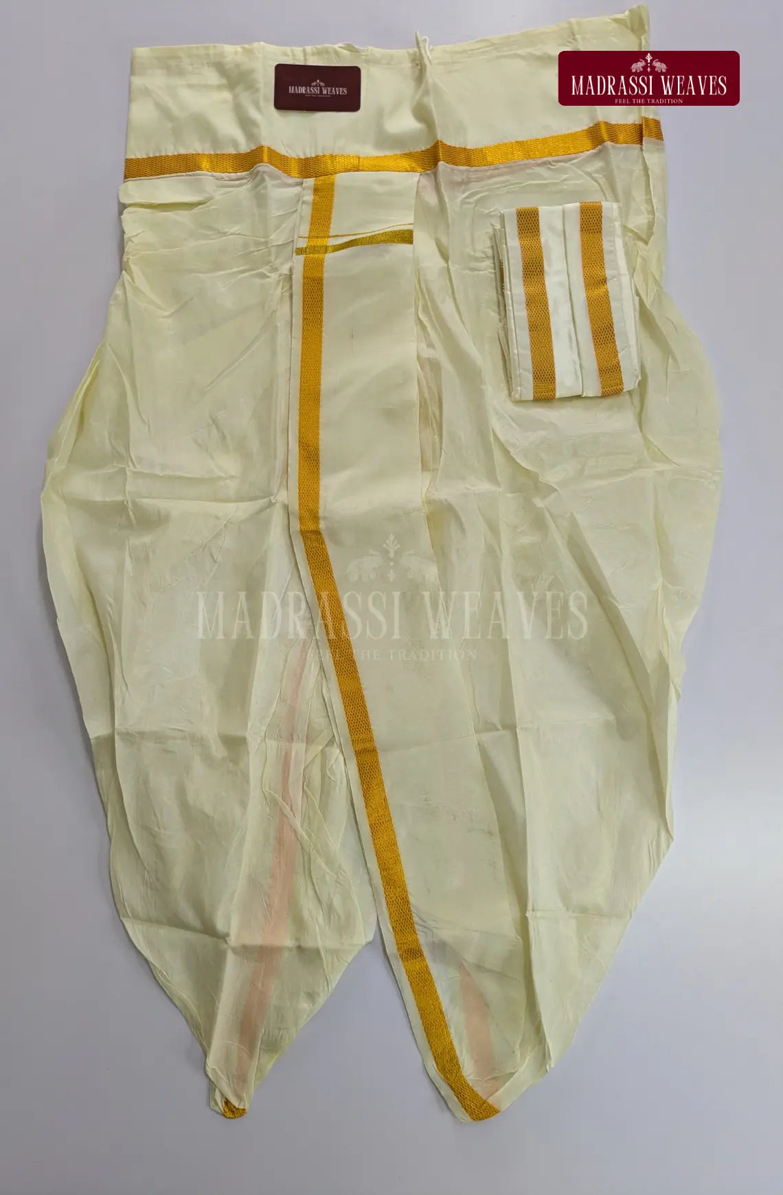 ReadyMade Men's Art silk Panchakecham with Gold Zari & Towel Set - Off White
