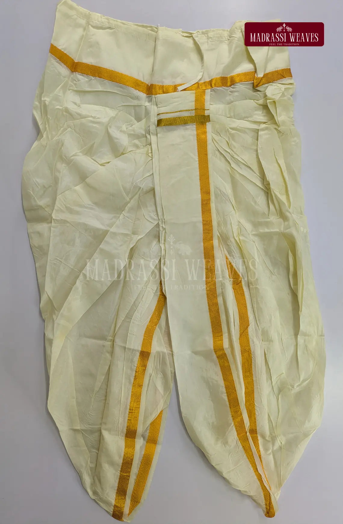 ReadyMade Men's Art silk Panchakecham with Gold Zari & Towel Set - Off White