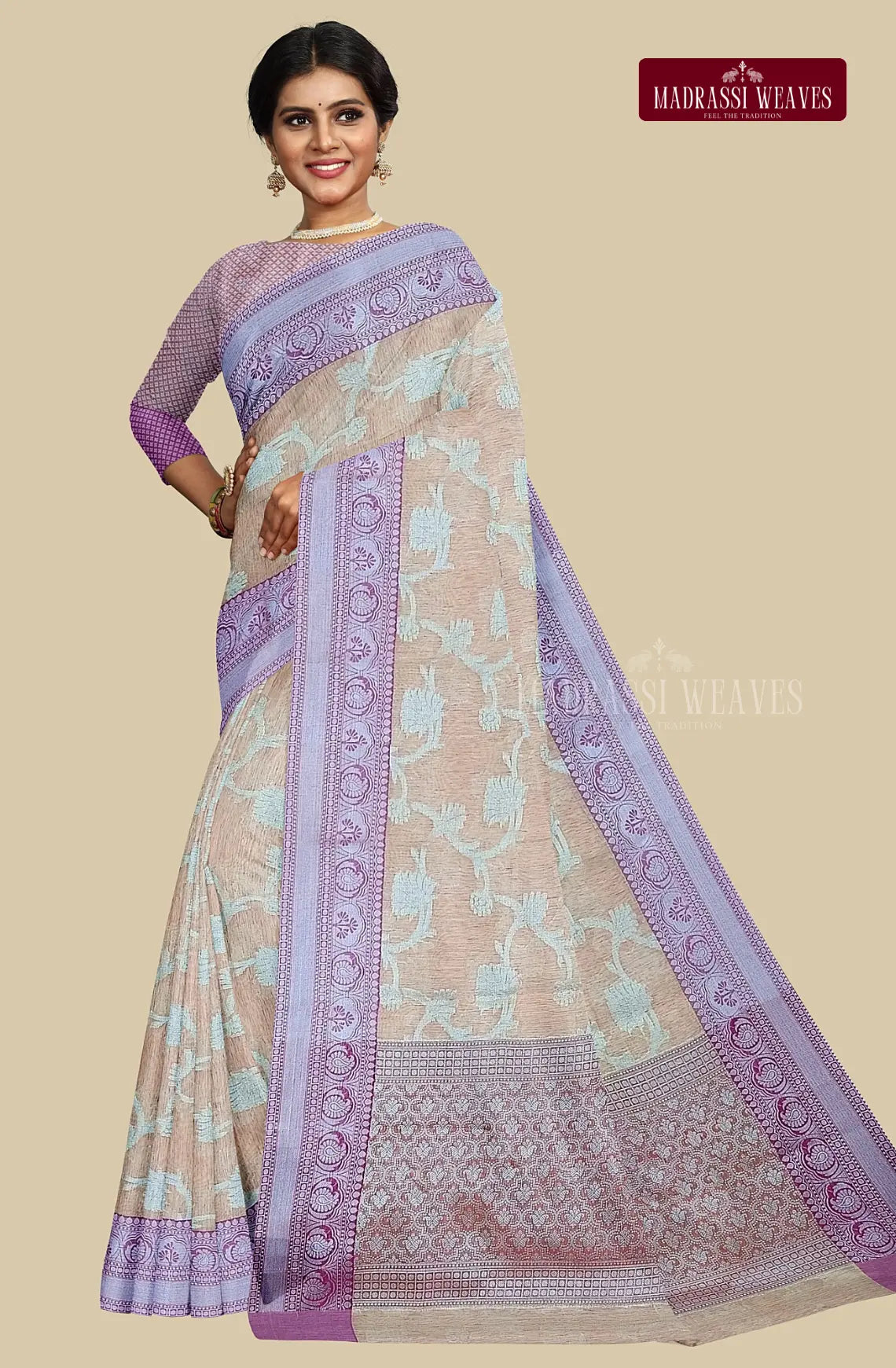 This Soft Tissue Pastel Cotton Saree is perfect for office wear or casual occasions. Made with soft tissue material, it comes in two calming pastel colors - green and cream. The saree features intricate meena butta work and comes with an attached blouse material. Buy it online for a comfortable and stylish addition to your wardrobe.