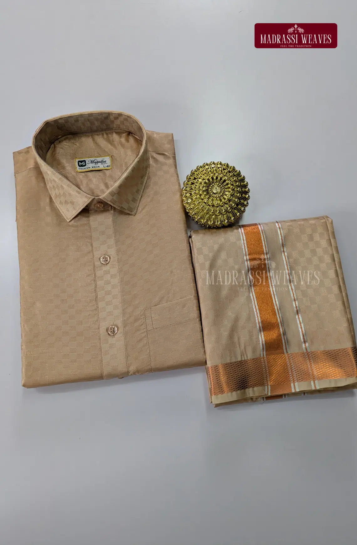Textured Weave Japan Silk Dhoti Set - Sand Stone