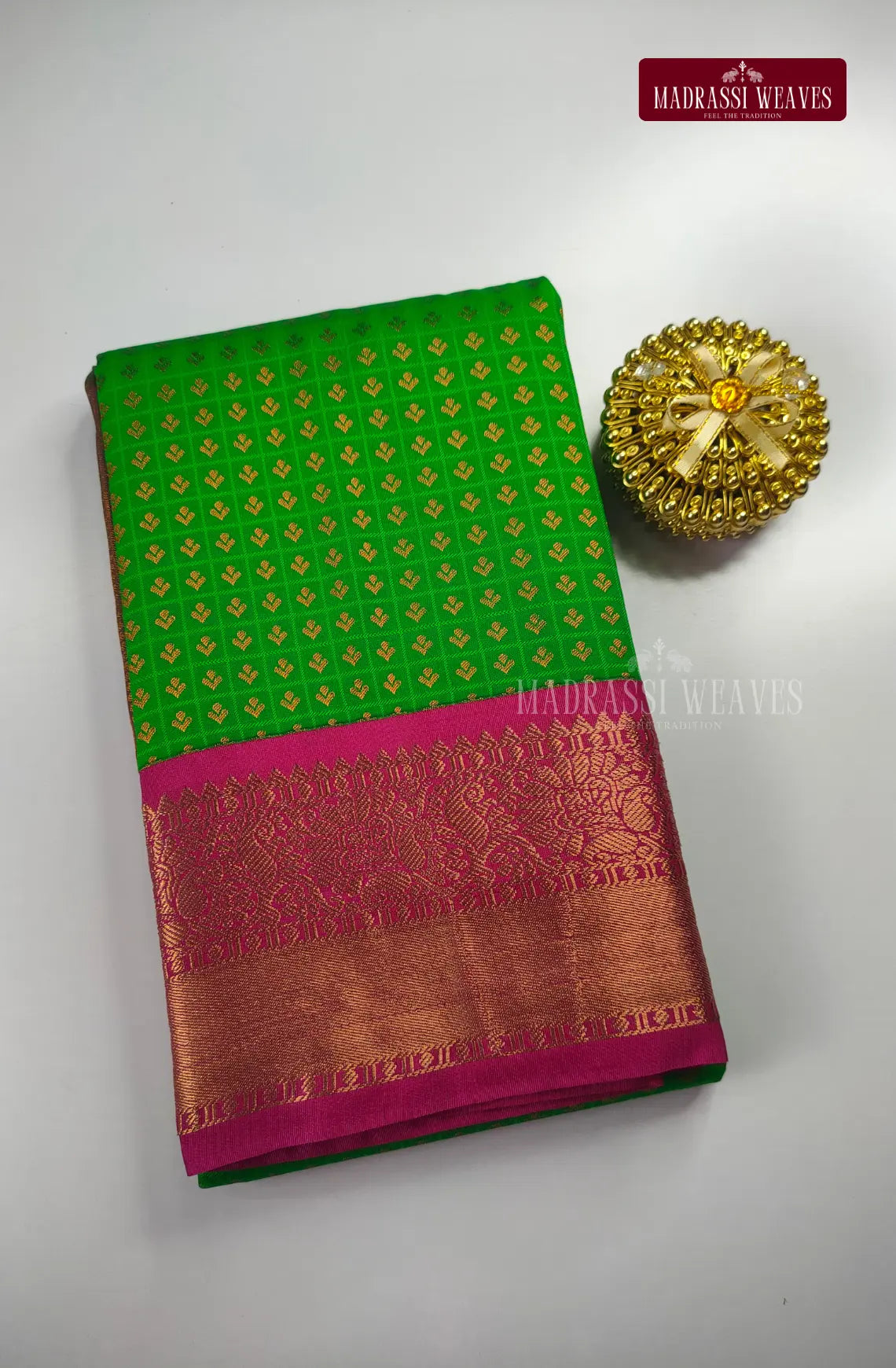 Traditional Ethnic Butta Kanchi Semi Silk Saree - Parrot Green