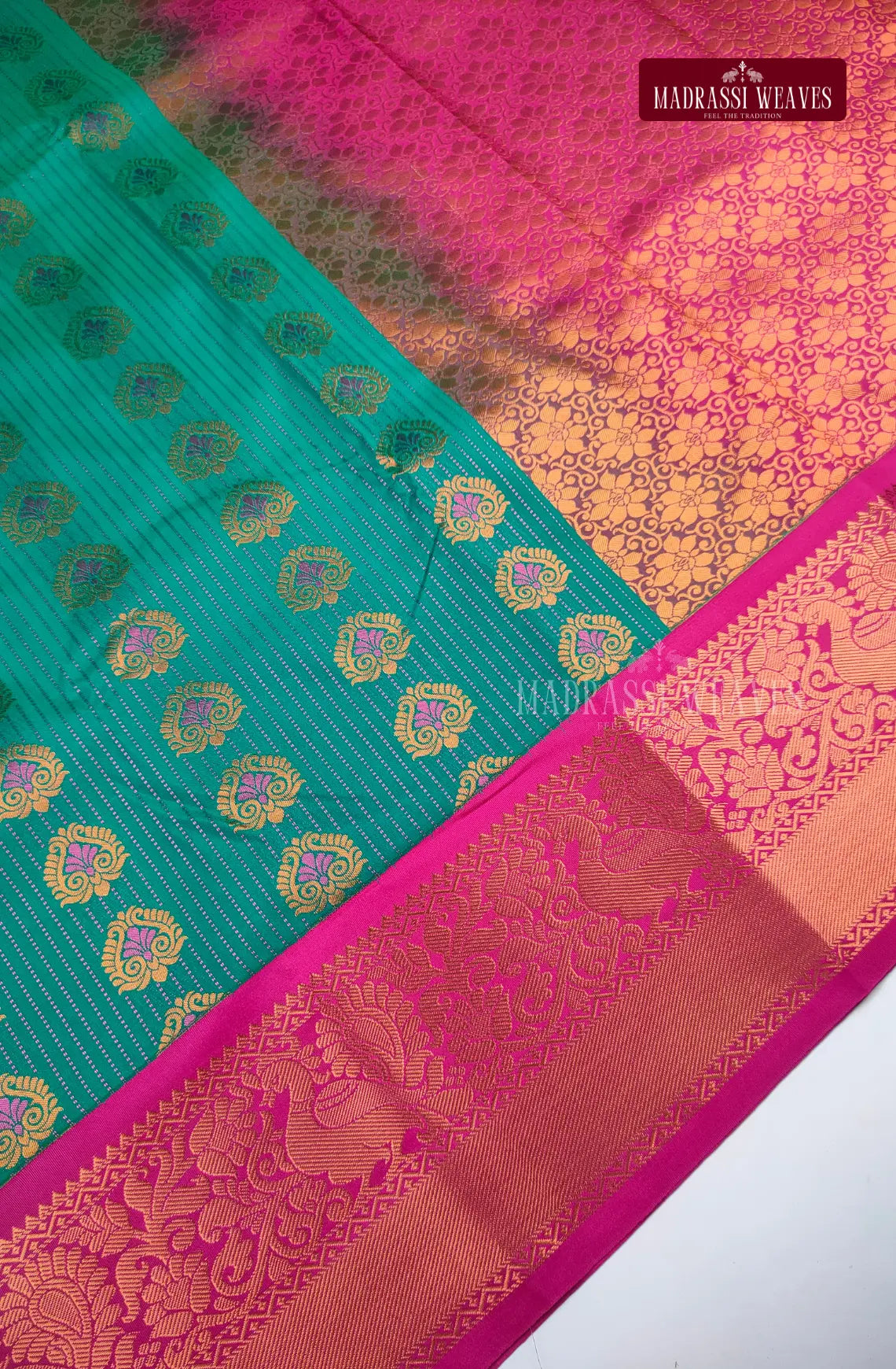 Traditional Kanchi Meena Work Semi Silk Saree - Rama Green