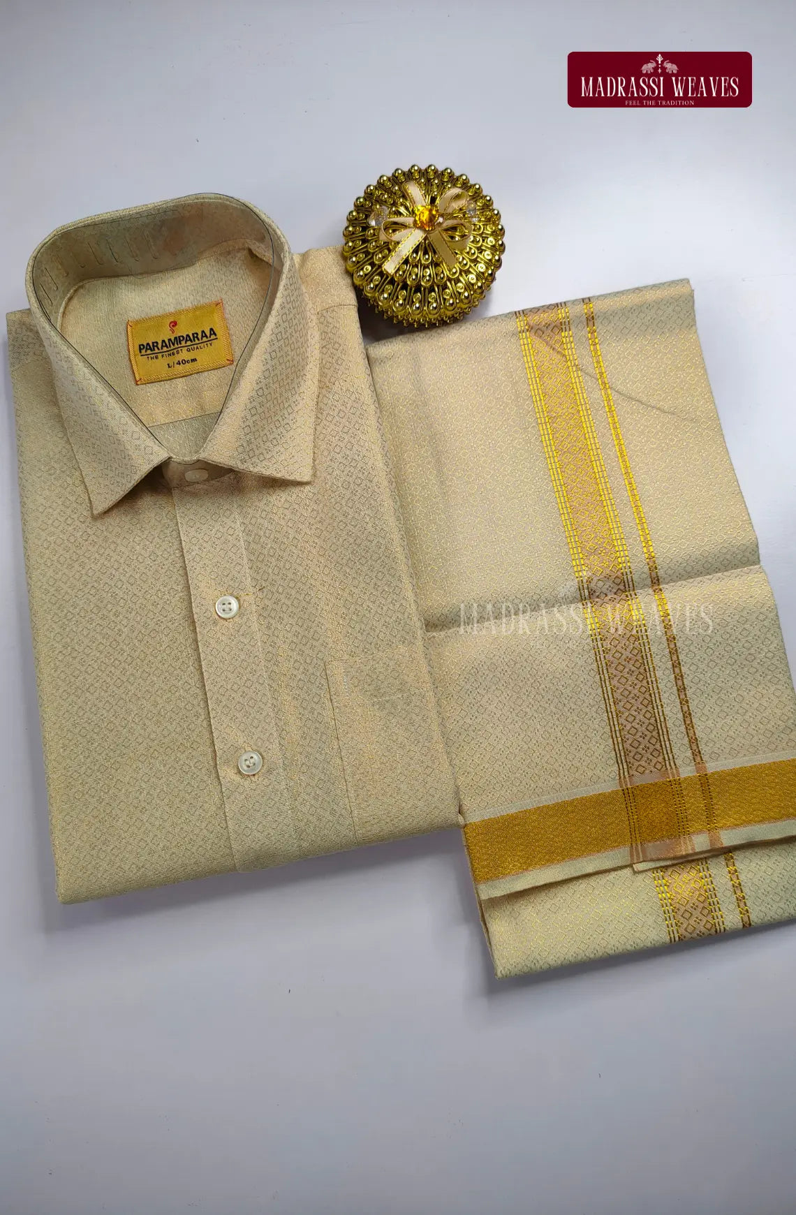 Wedding Zari Brocade Shirt and Dhoti Set - Gold