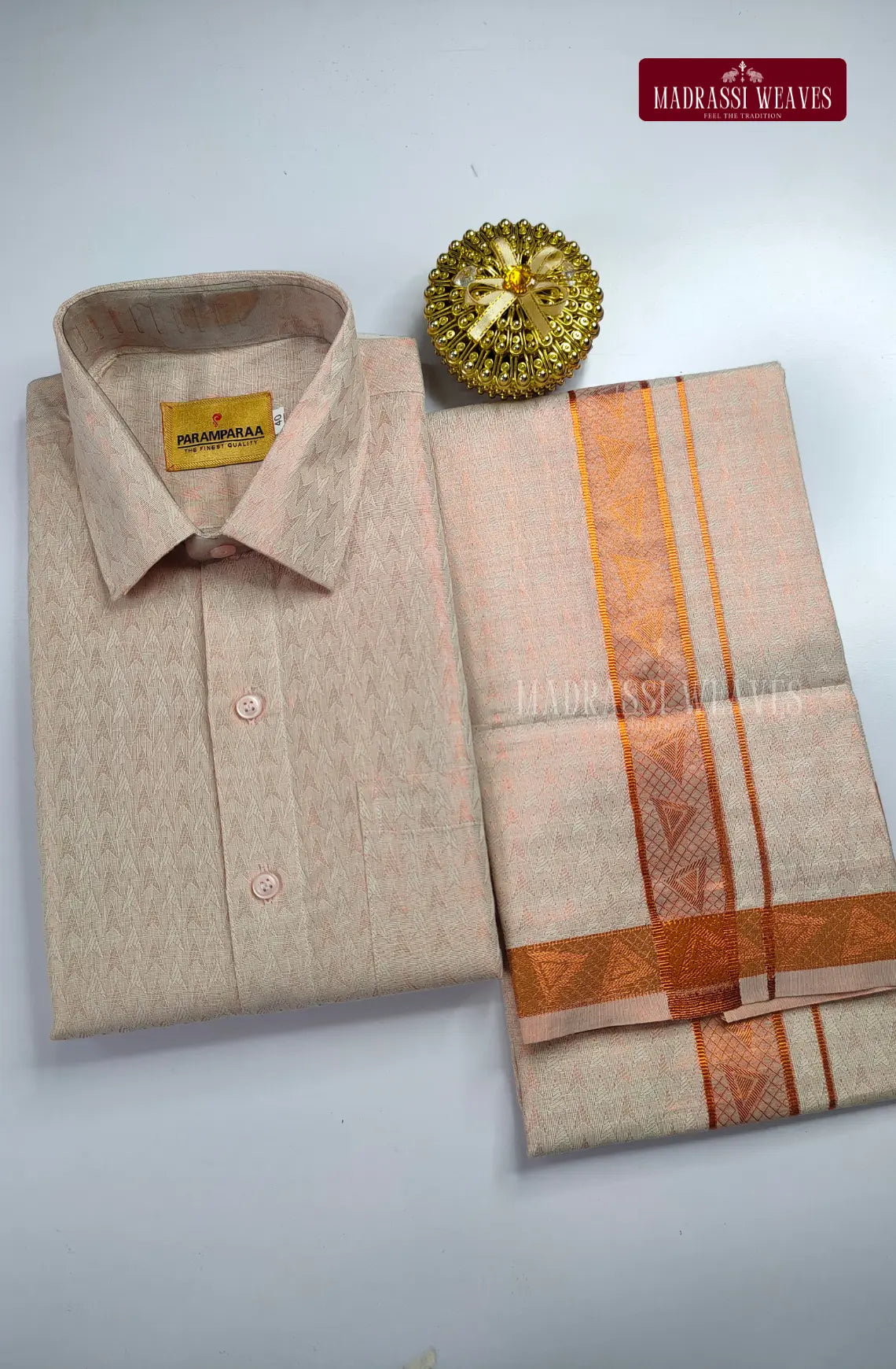 Wedding Zari Brocade Shirt and Dhoti Set - Pink Copper
