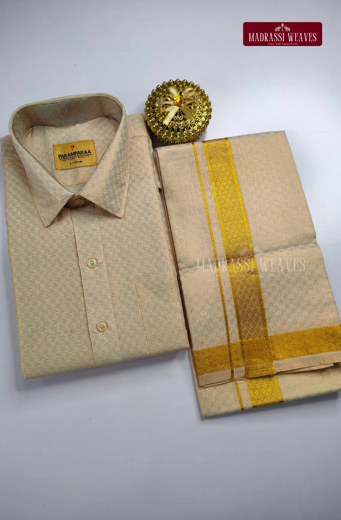 Wedding Zari Brocade Shirt and Dhoti Set - Rose Gold