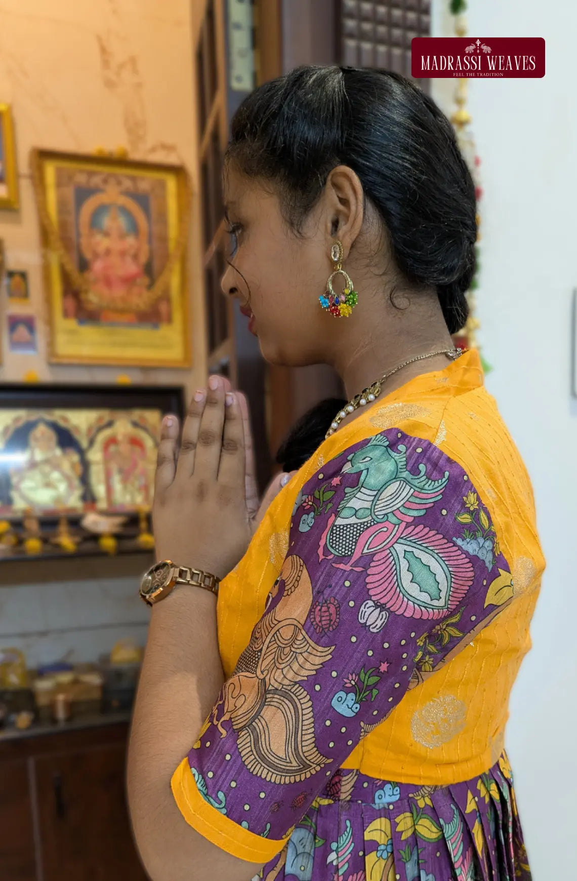 Western Style Kalamkari Gown With Crop Top Jacket - Purple &Yellow