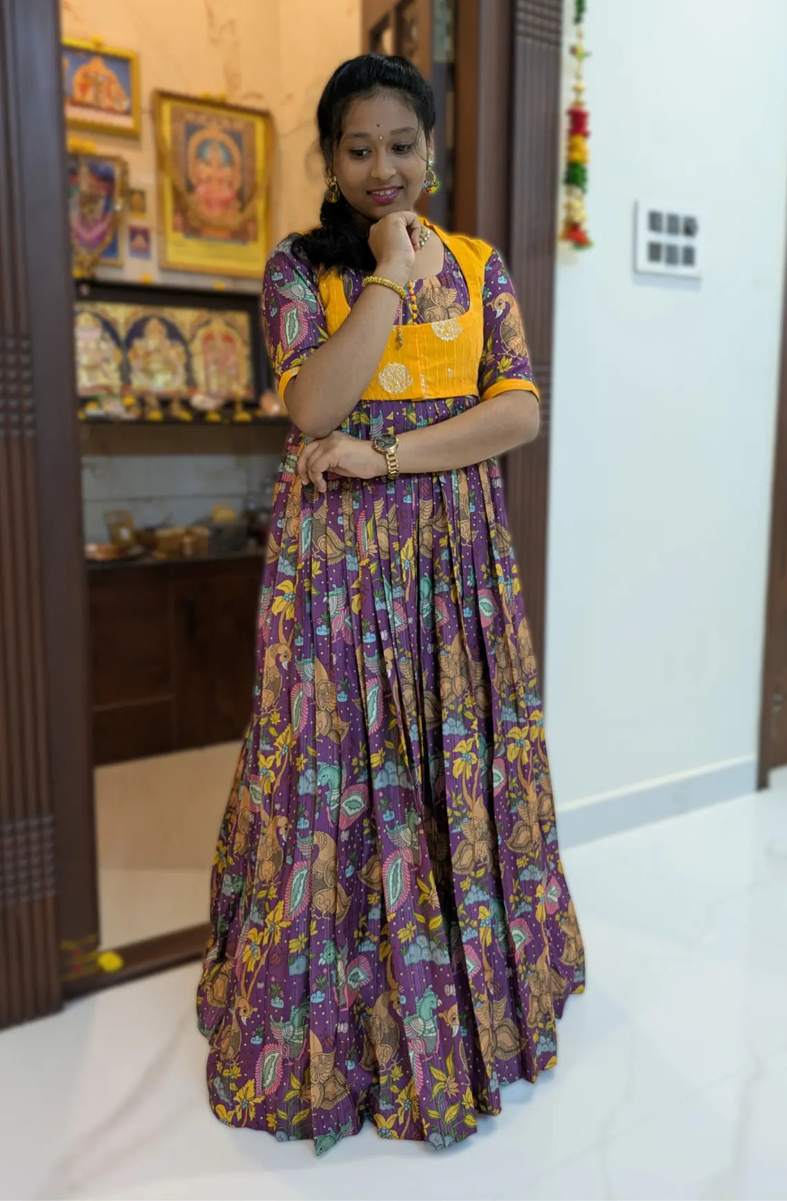 Western Style Kalamkari Gown With Crop Top Jacket - Purple &Yellow