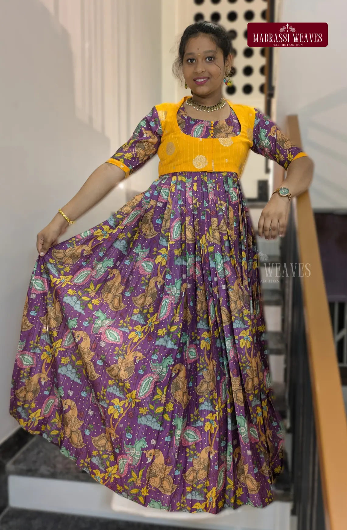Western Style Kalamkari Gown With Crop Top Jacket - Purple &Yellow