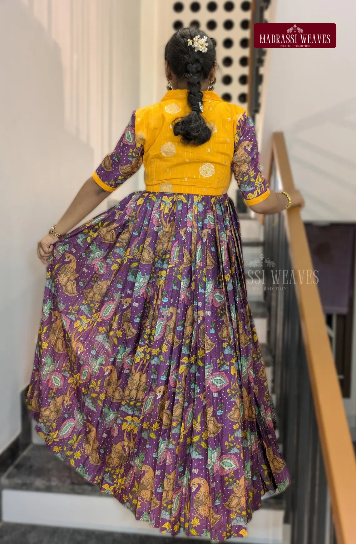 Western Style Kalamkari Gown With Crop Top Jacket - Purple &Yellow