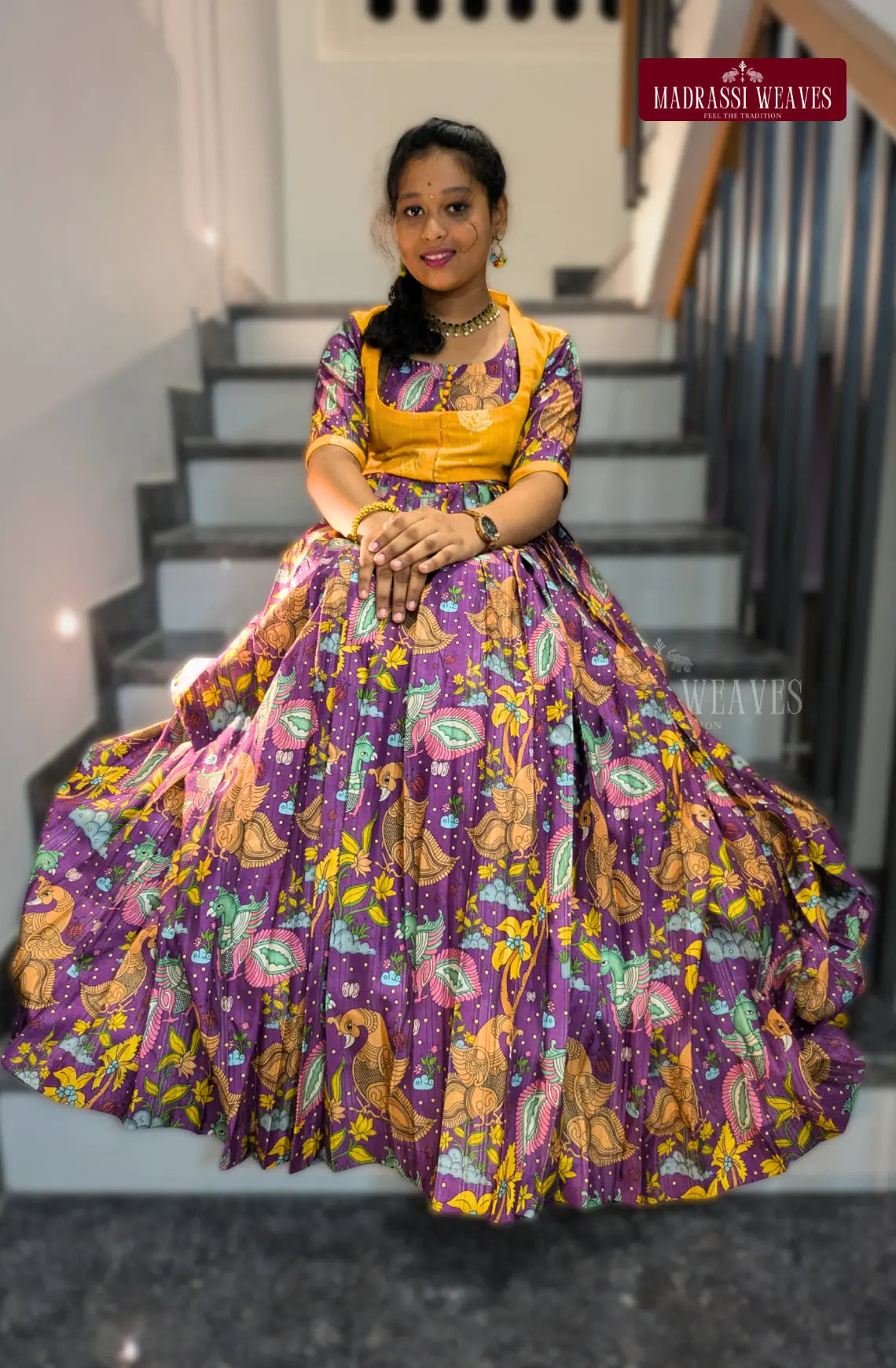 Western Style Kalamkari Gown With Crop Top Jacket - Purple &Yellow