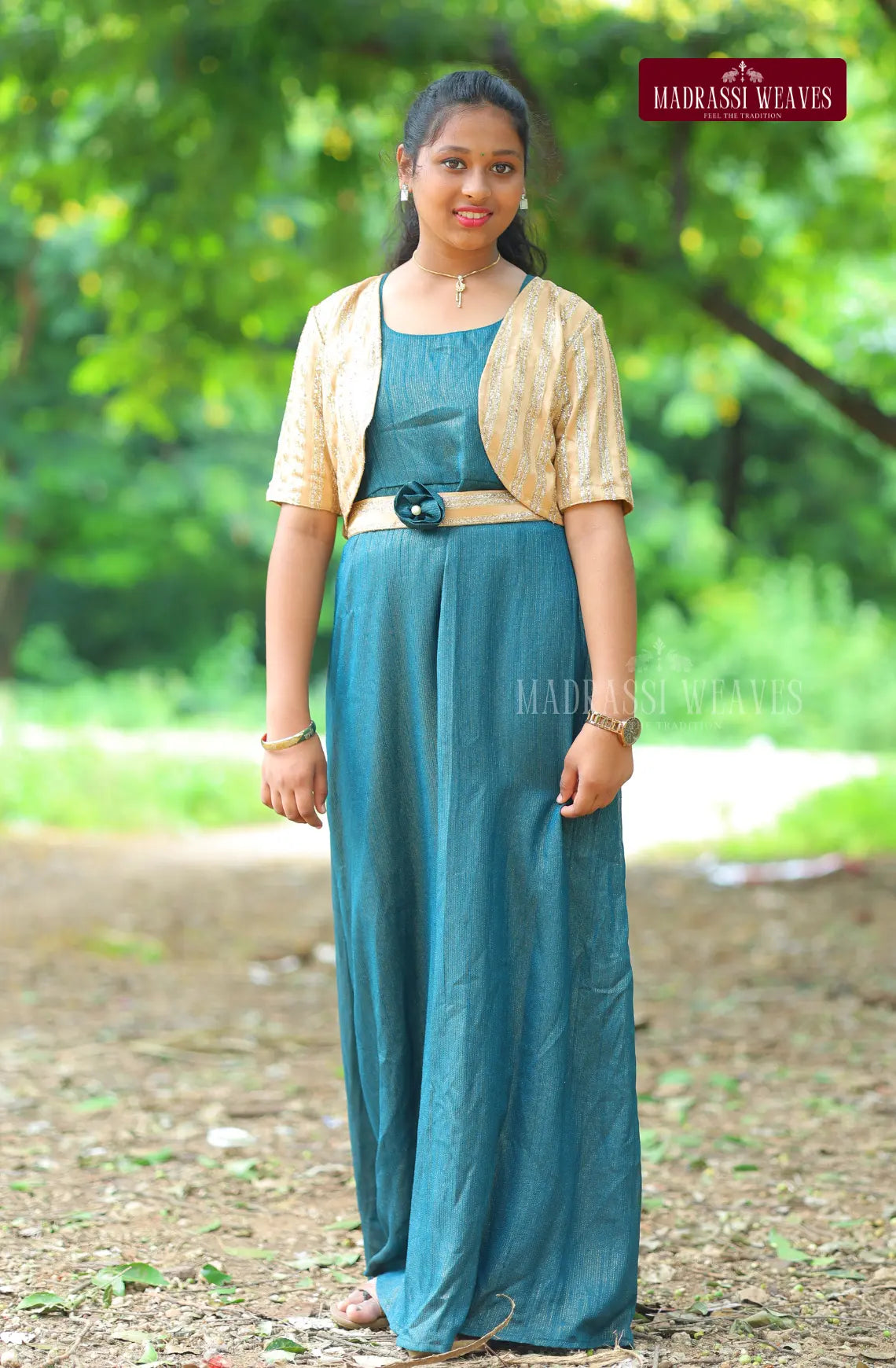 Western Style Shimmer Girl's Dress - Emerald Elegance