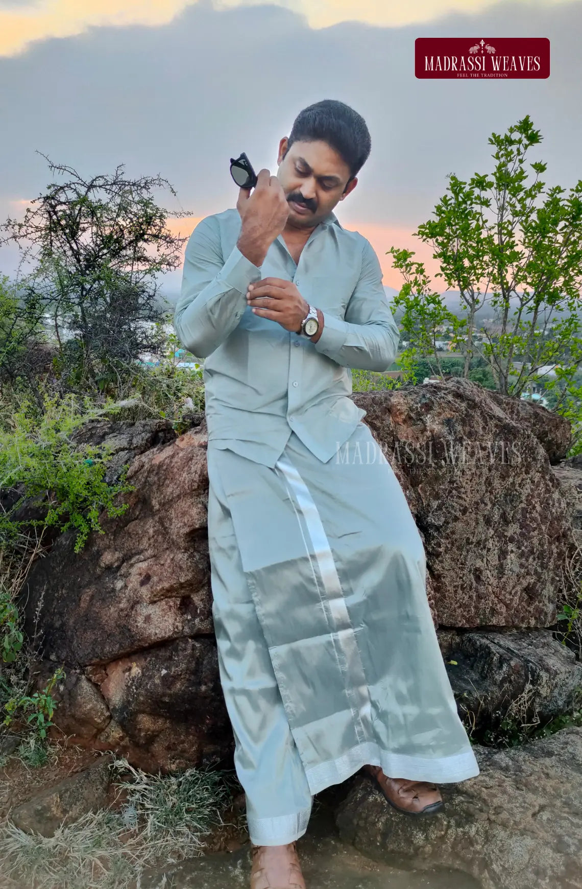 Premium Japan Silk Dhoti Set - Steel Grey