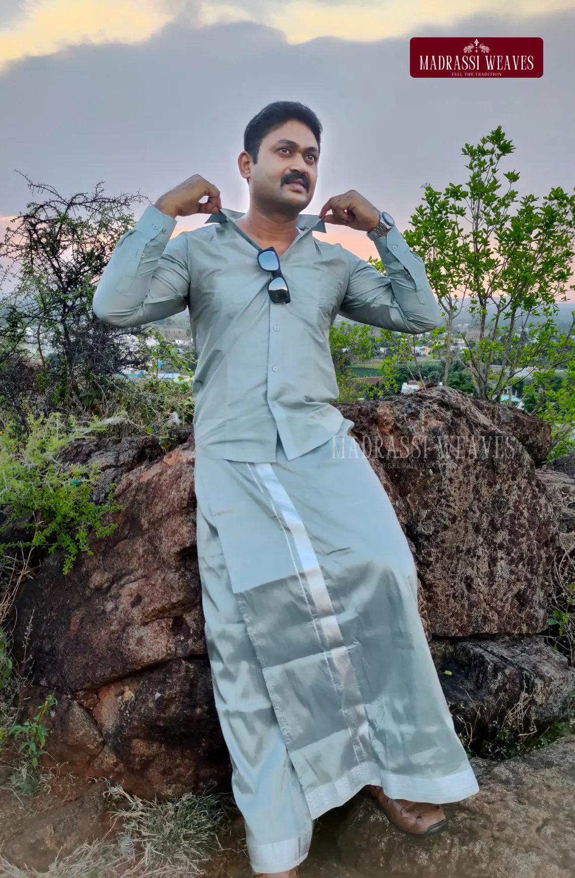 Premium Japan Silk Dhoti Set - Steel Grey