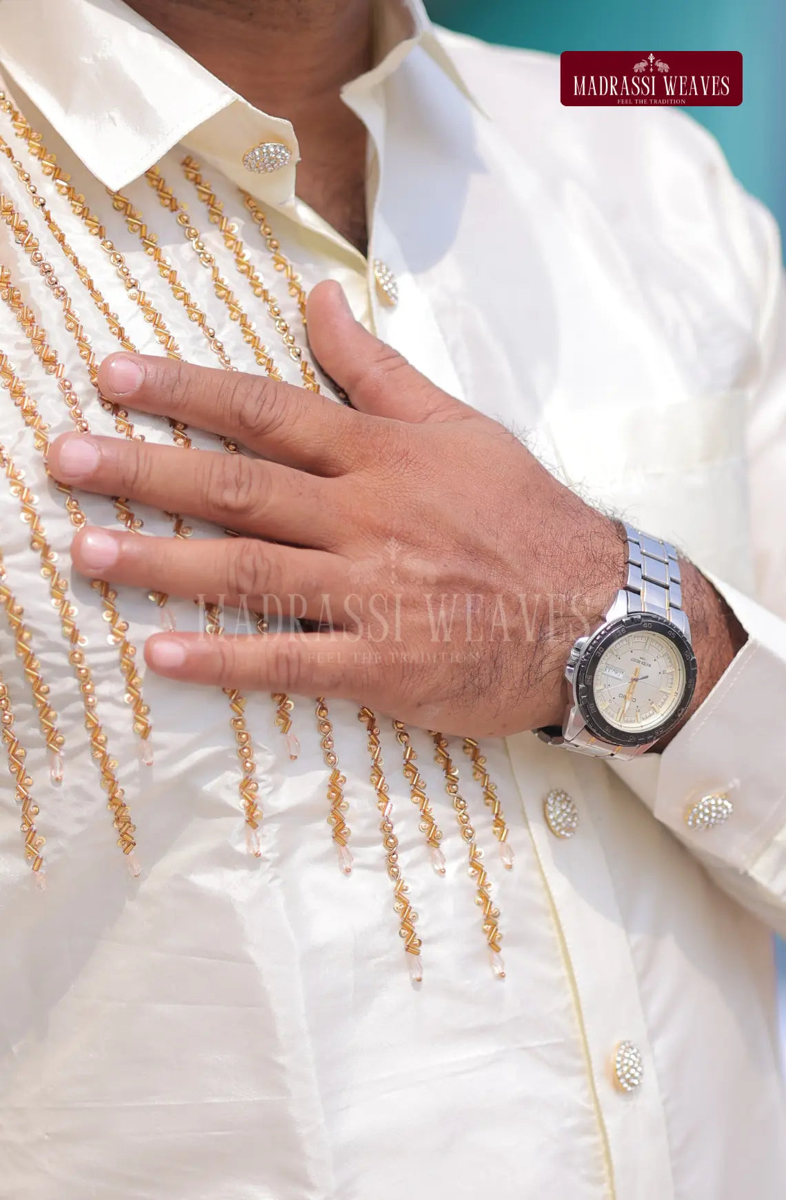 Luxury Aari Work Wedding Silk Dhoti Set 1 (HandCrafted) - (DESPATCH TIME 15 DAYS)