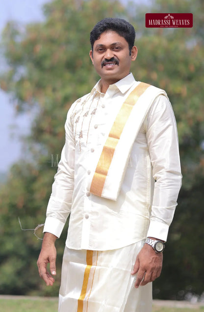 Luxury Aari Work Wedding Silk Dhoti Set 2 (HandCrafted) - (DESPATCH TIME 15 DAYS)