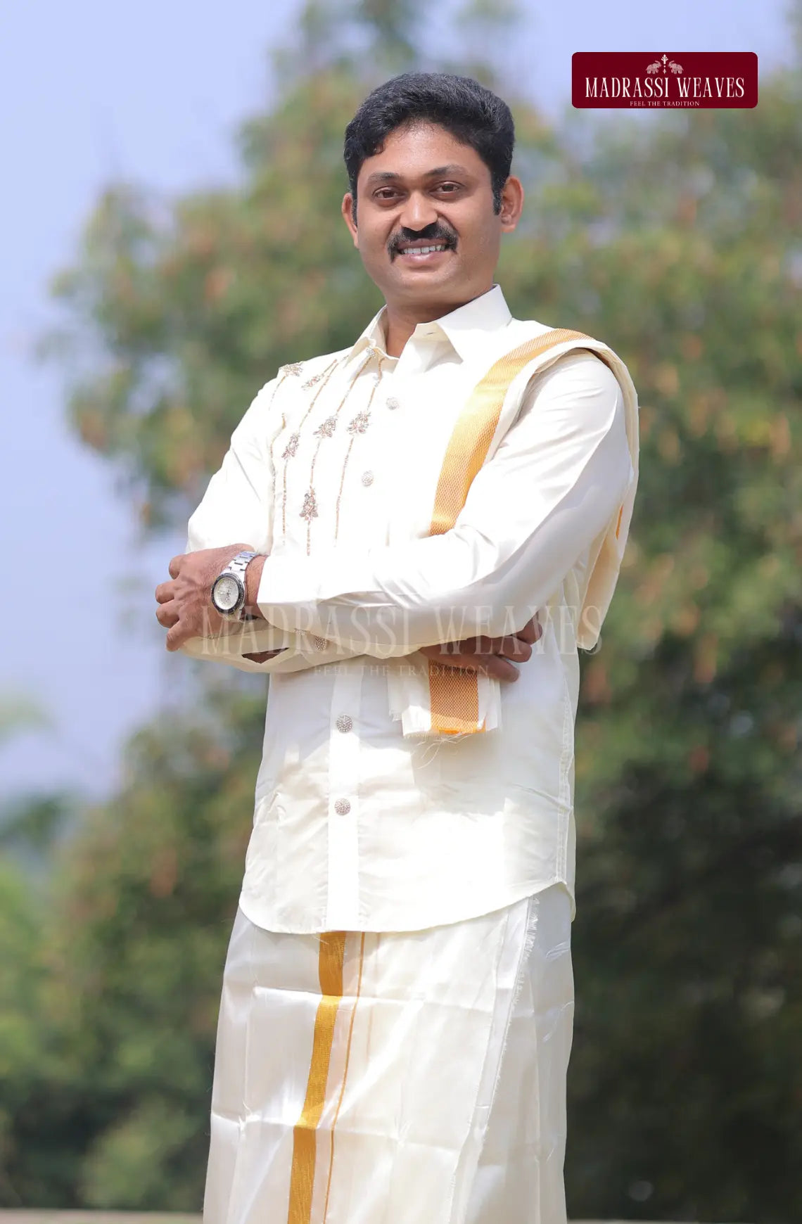 Luxury Aari Work Wedding Silk Dhoti Set 2 (HandCrafted) - (DESPATCH TIME 15 DAYS)