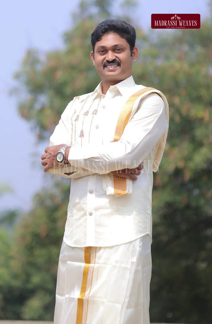 Luxury Aari Work Wedding Silk Dhoti Set 2 (HandCrafted) - (DESPATCH TIME 15 DAYS)