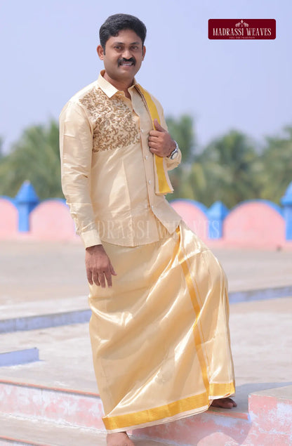 Luxury Aari Work Wedding Silk Dhoti Set 3 (HandCrafted) - (DESPATCH TIME 15 DAYS)