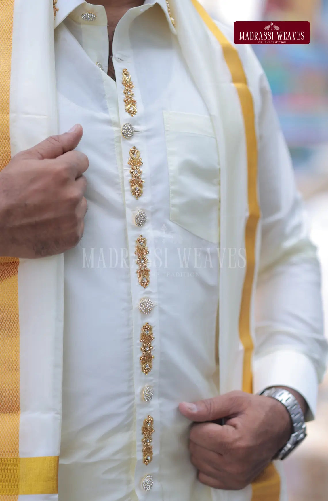 Luxury Aari Work Wedding Silk Dhoti Set 5 (HandCrafted) -(DESPATCH TIME 15 DAYS)