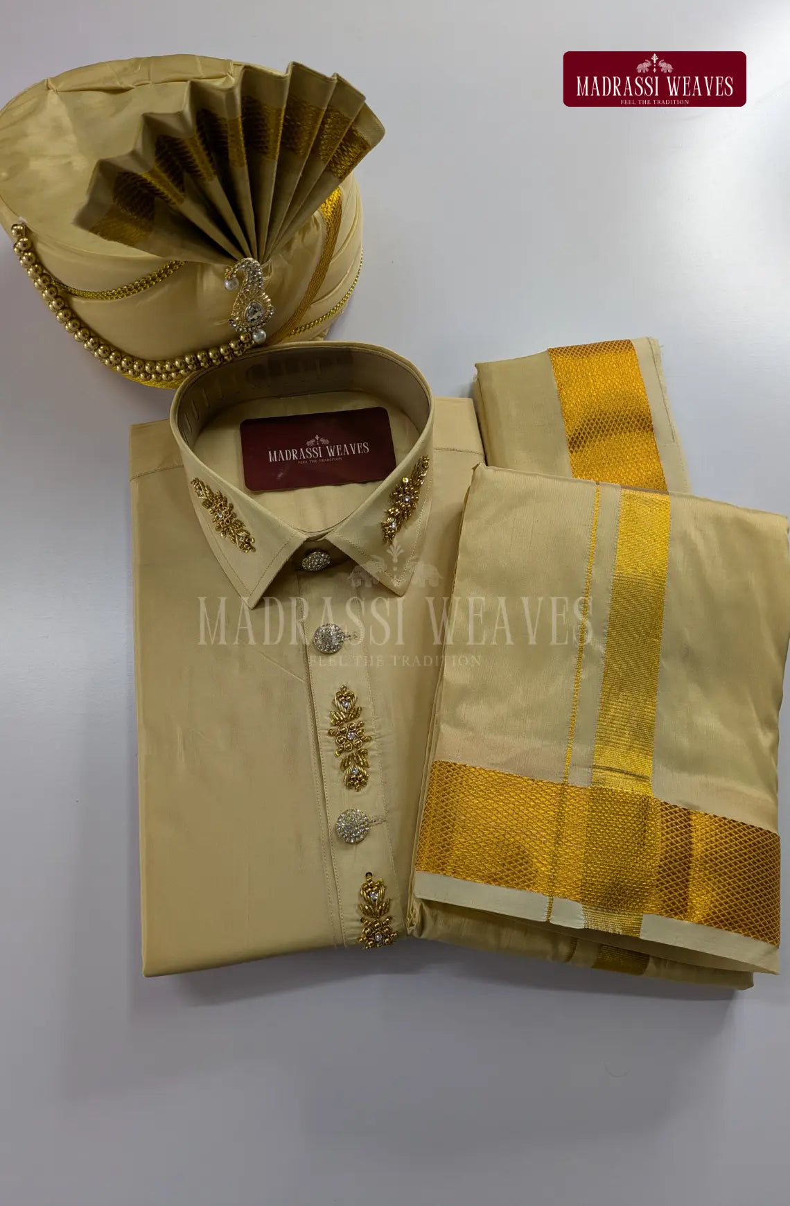 Luxury Aari Work Wedding Silk Dhoti Set 4 (HandCrafted) -(DESPATCH TIME 15 DAYS)