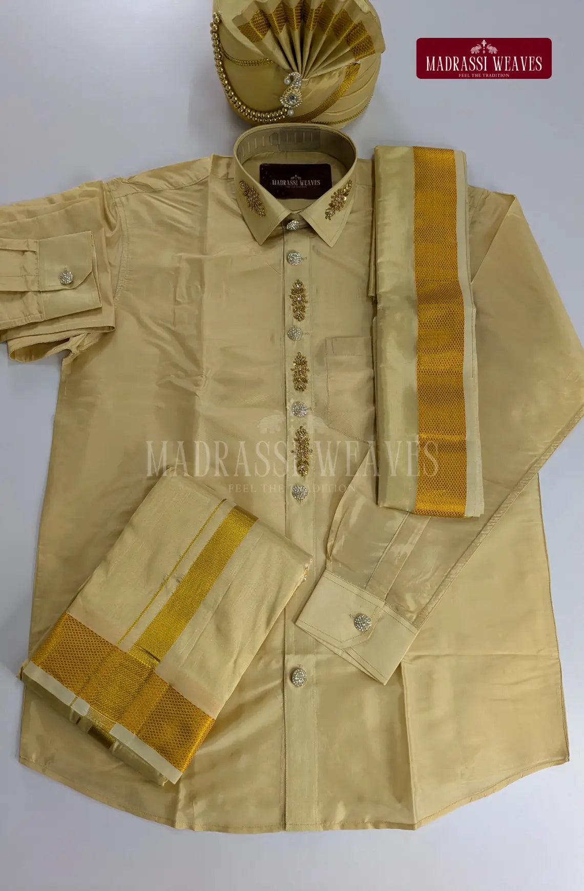 Luxury Aari Work Wedding Silk Dhoti Set 4 (HandCrafted) -(DESPATCH TIME 15 DAYS)