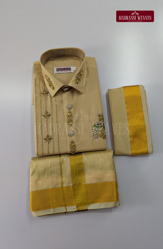 Luxury Aari Work Wedding Silk Dhoti Set (HandCrafted) -(DESPATCH TIME 15 DAYS) - Beige