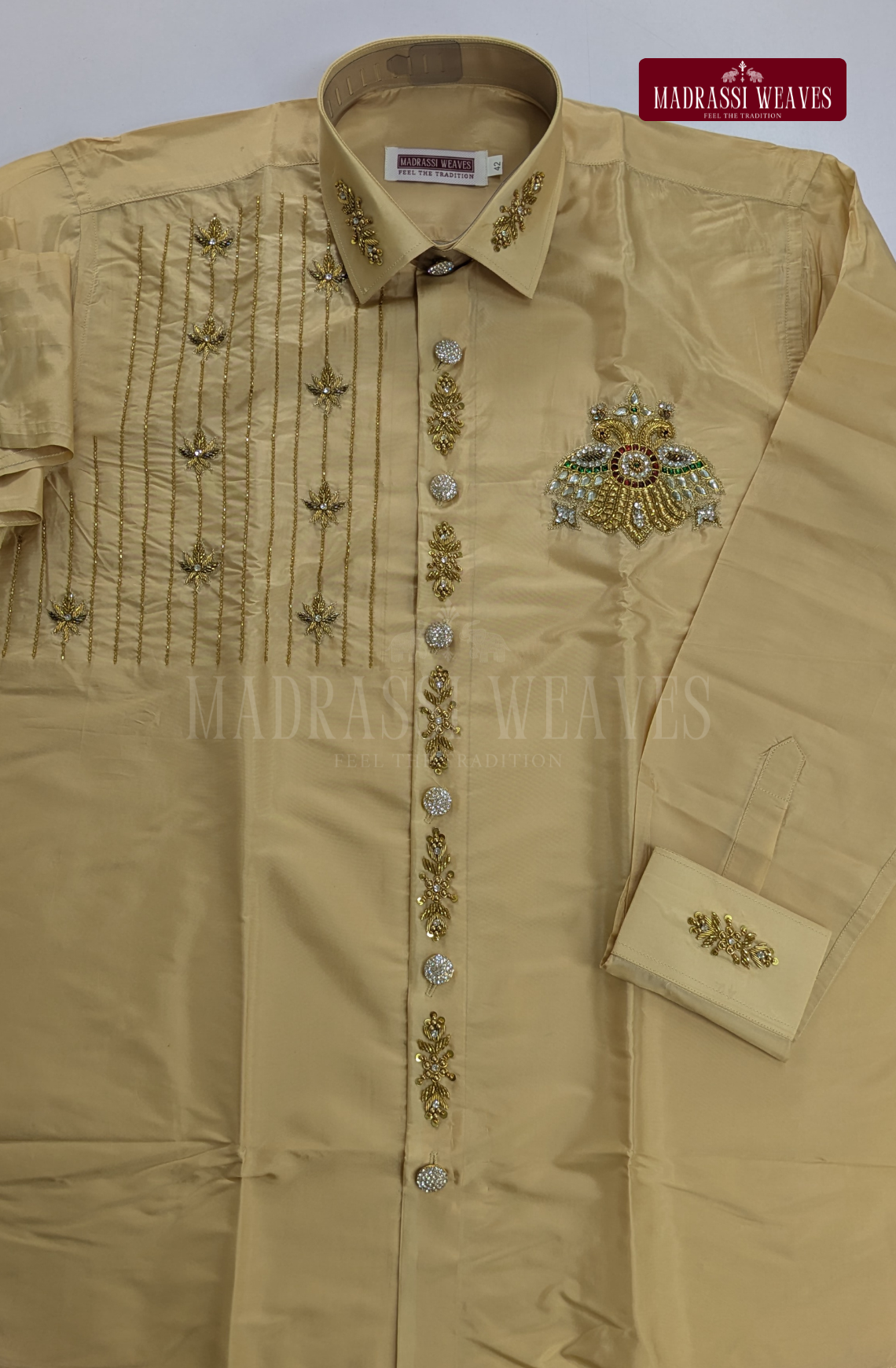 Luxury Aari Work Wedding Silk Dhoti Set (HandCrafted) -(DESPATCH TIME 15 DAYS) - Beige