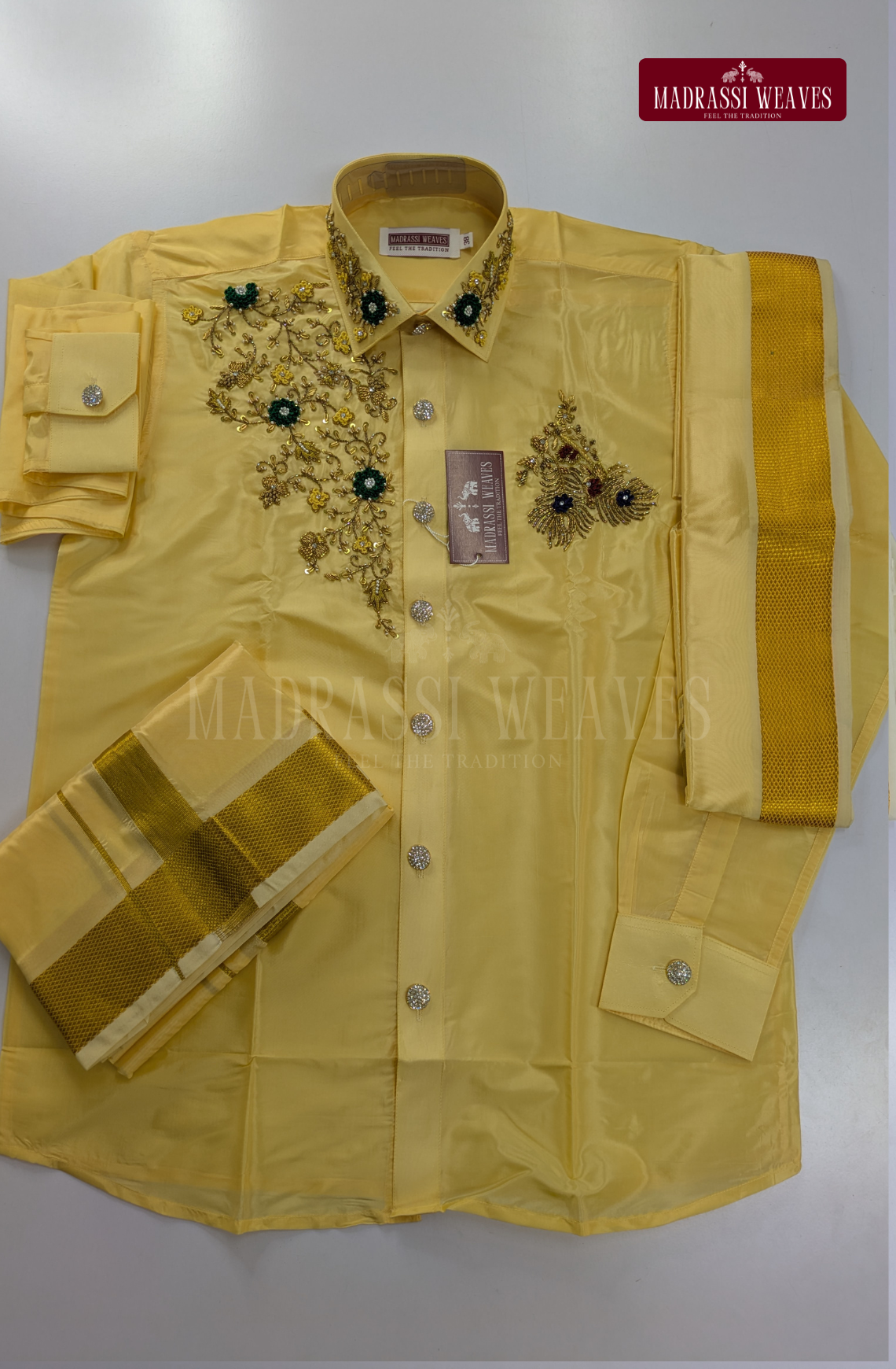 Luxury Aari Work Wedding Silk Dhoti Set (HandCrafted) -(DESPATCH TIME 15 DAYS) - Champagne