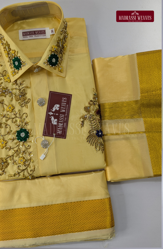 Luxury Aari Work Wedding Silk Dhoti Set (HandCrafted) -(DESPATCH TIME 15 DAYS) - Champagne