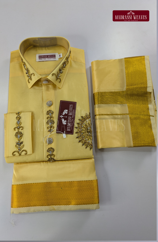 Luxury Aari Work Wedding Silk Dhoti Set (HandCrafted) -(DESPATCH TIME 15 DAYS) - Champagne