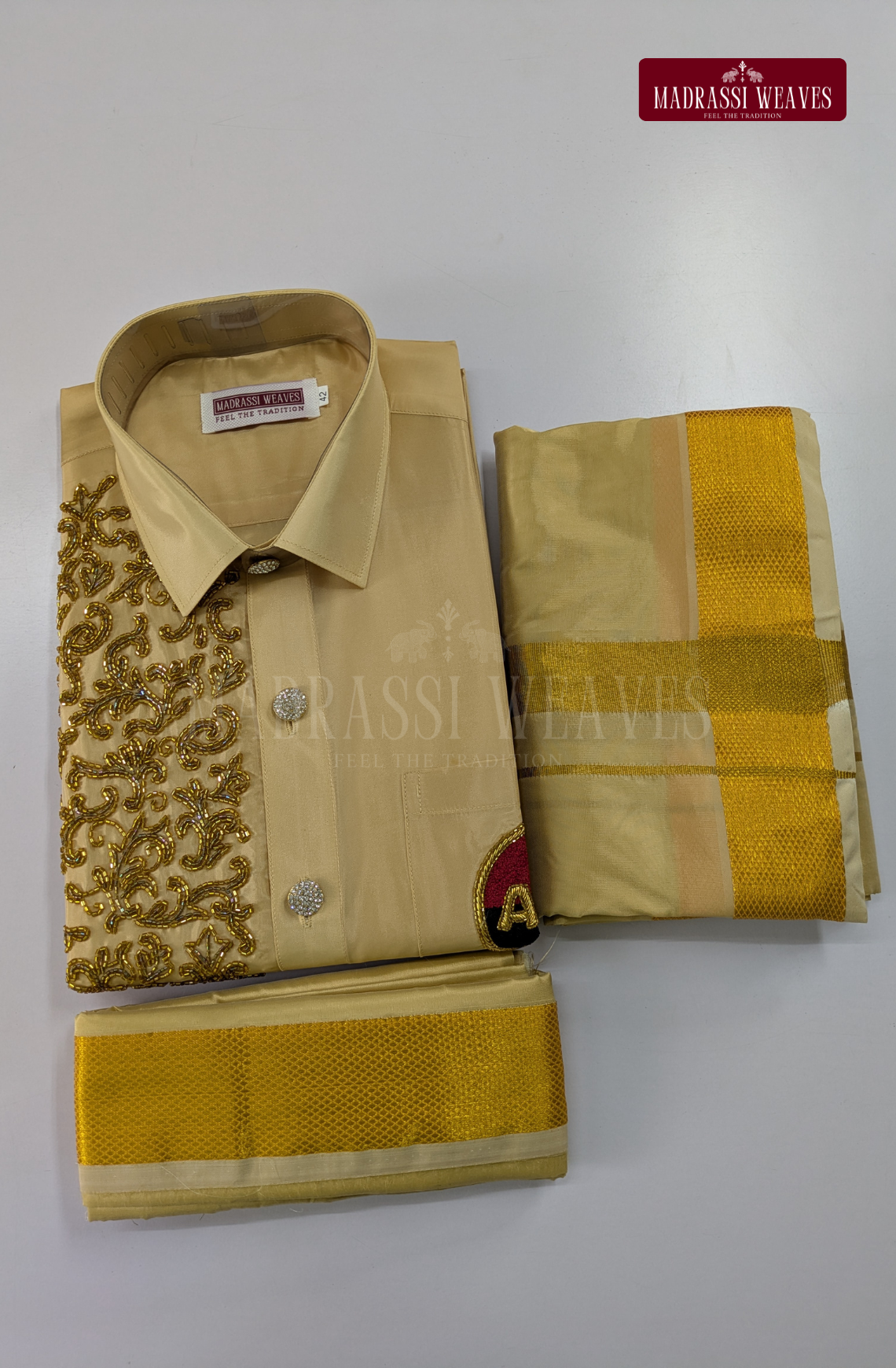 Luxury Aari Work Wedding Silk Dhoti Set (HandCrafted) -(DESPATCH TIME 15 DAYS) - Beige