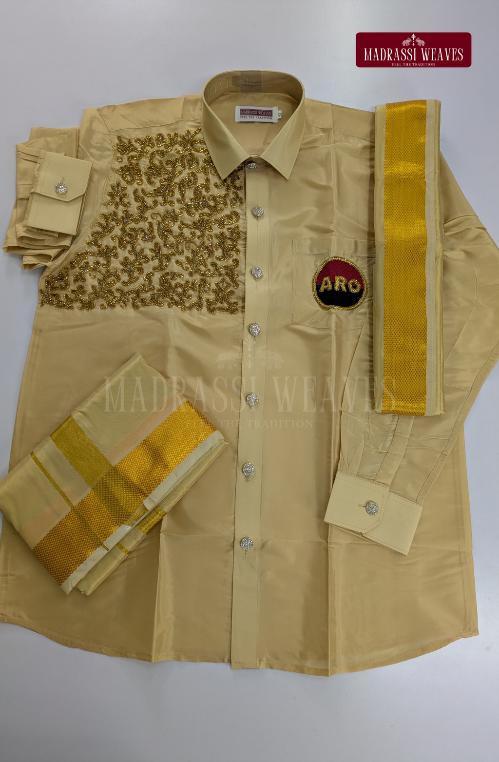 Luxury Aari Work Wedding Silk Dhoti Set (HandCrafted) -(DESPATCH TIME 15 DAYS) - Beige