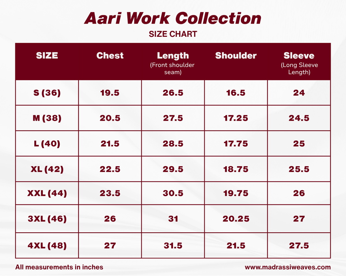 Size chart for Aari Work Men's Shirt Only (Hand Crafted) - (DESPATCH TIME 15 DAYS)- Champagne