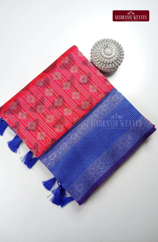 Floral Printed Kathan Tussar Silk Saree - Reddish Pink