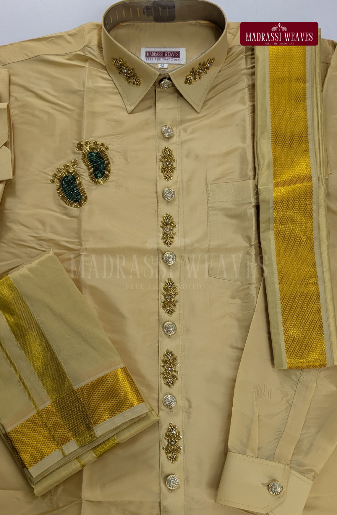 Luxury Aari Work Wedding Silk Dhoti Set (HandCrafted) -(DESPATCH TIME 15 DAYS) - Beige