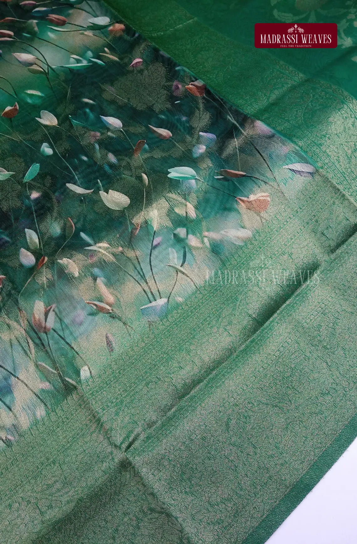 Premium Digital Zari Woven Cotton Silk Saree - Forest Green