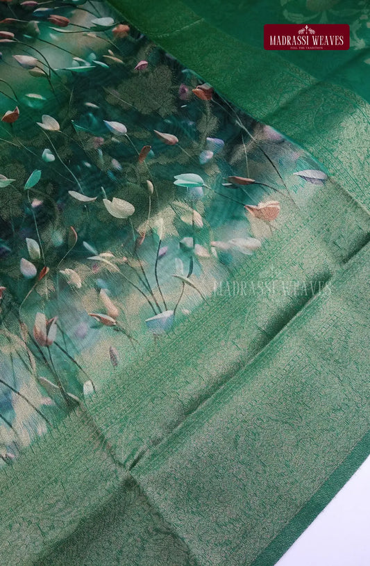 Premium Digital Zari Woven Cotton Silk Saree - Forest Green