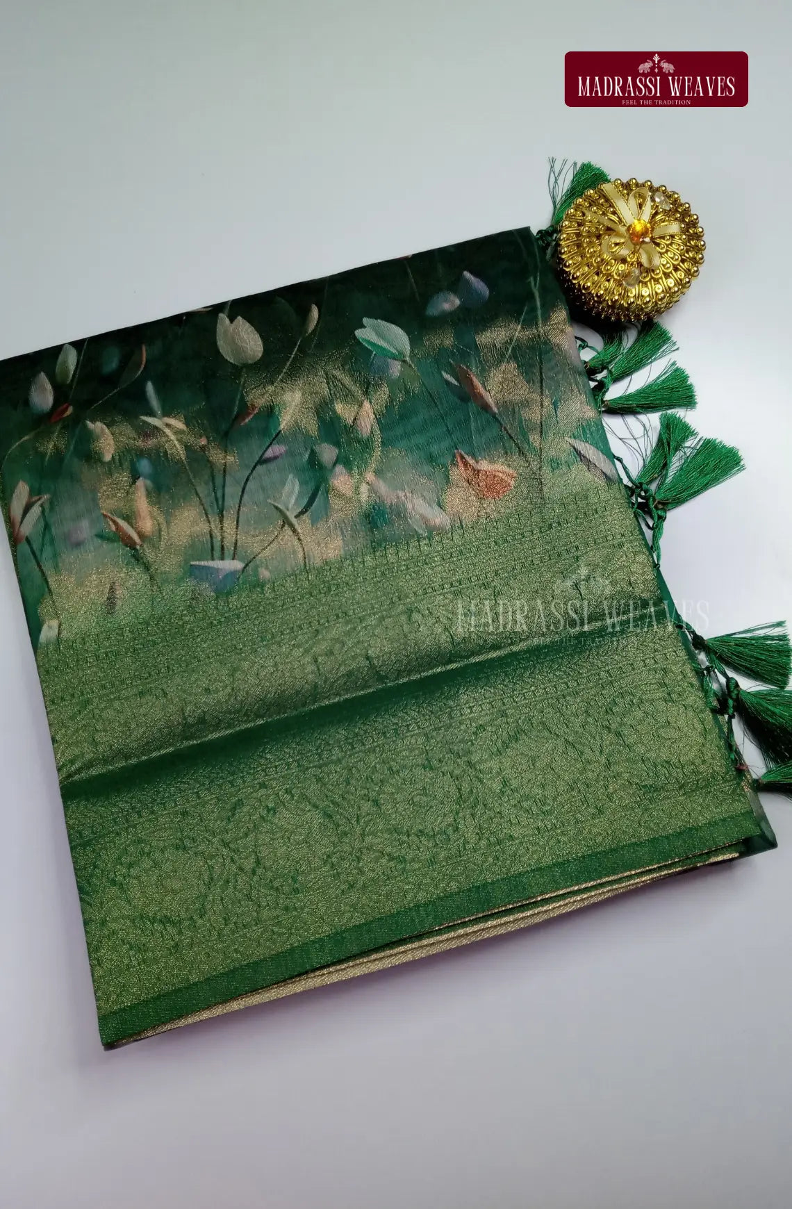 Premium Digital Zari Woven Cotton Silk Saree - Forest Green