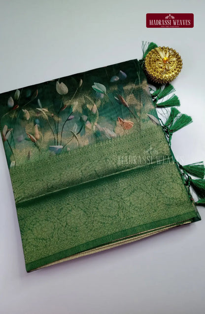 Premium Digital Zari Woven Cotton Silk Saree - Forest Green