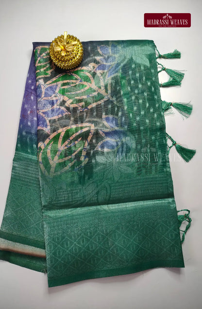 Premium Digital Silver Zari Woven Cotton Silk Saree - Bluish Green