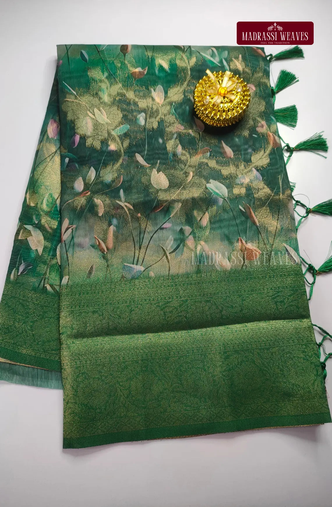 Premium Digital Zari Woven Cotton Silk Saree - Forest Green