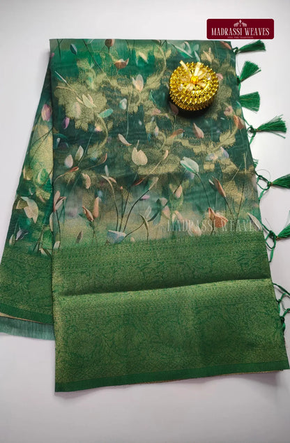 Premium Digital Zari Woven Cotton Silk Saree - Forest Green
