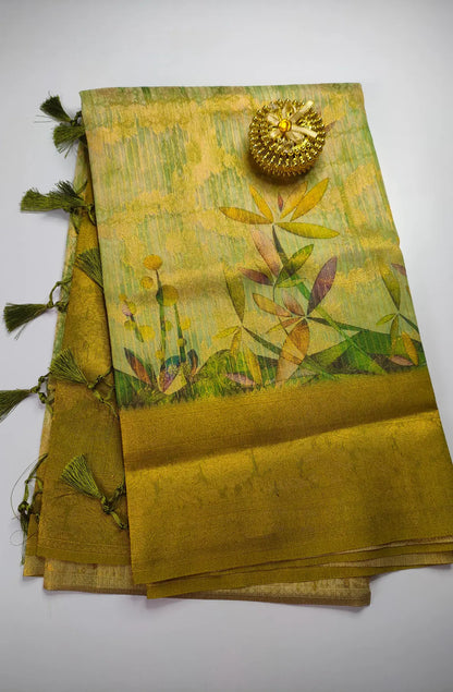 Premium Light Weight Zari Woven Cotton Silk Saree  - Greenish Yellow