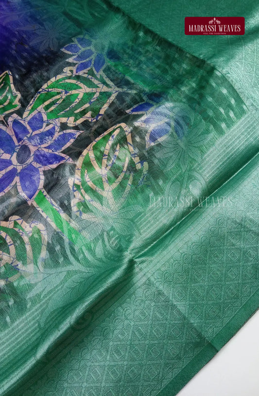 Premium Digital Silver Zari Woven Cotton Silk Saree - Bluish Green