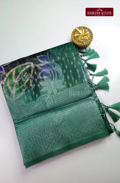Premium Digital Silver Zari Woven Cotton Silk Saree - Bluish Green